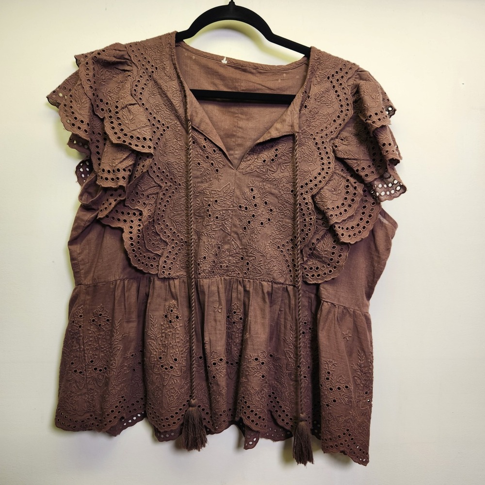 Caroline Constas Kora Embroidered Peplum Flutter Blouse Eyelet Lrg Tassels Brown